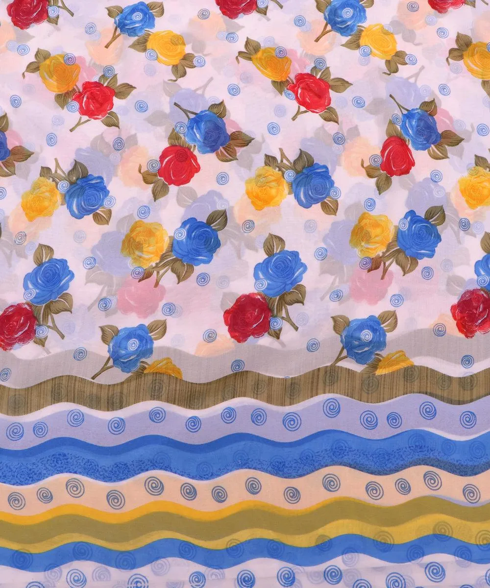 White Blue Floral Print Georgette Fabric