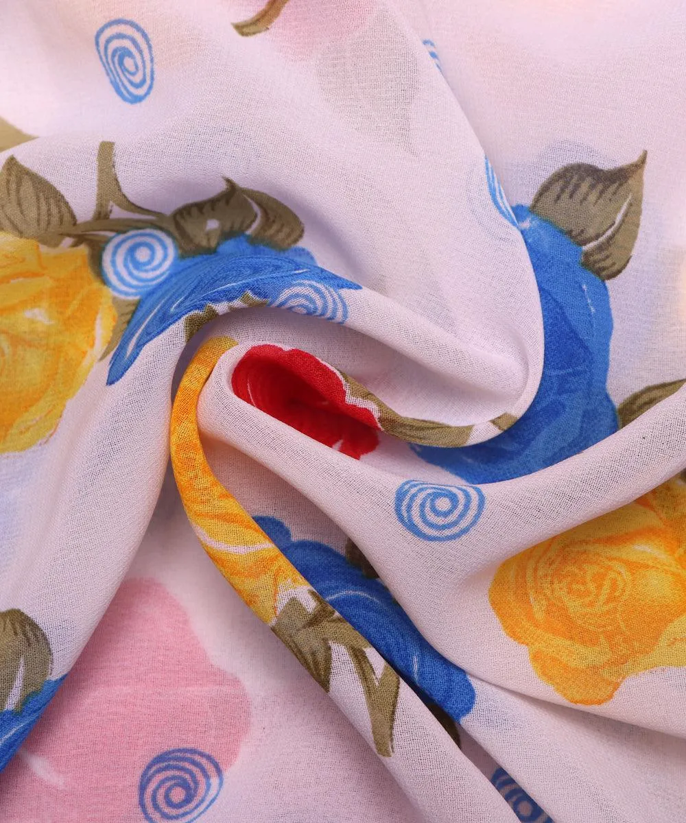 White Blue Floral Print Georgette Fabric